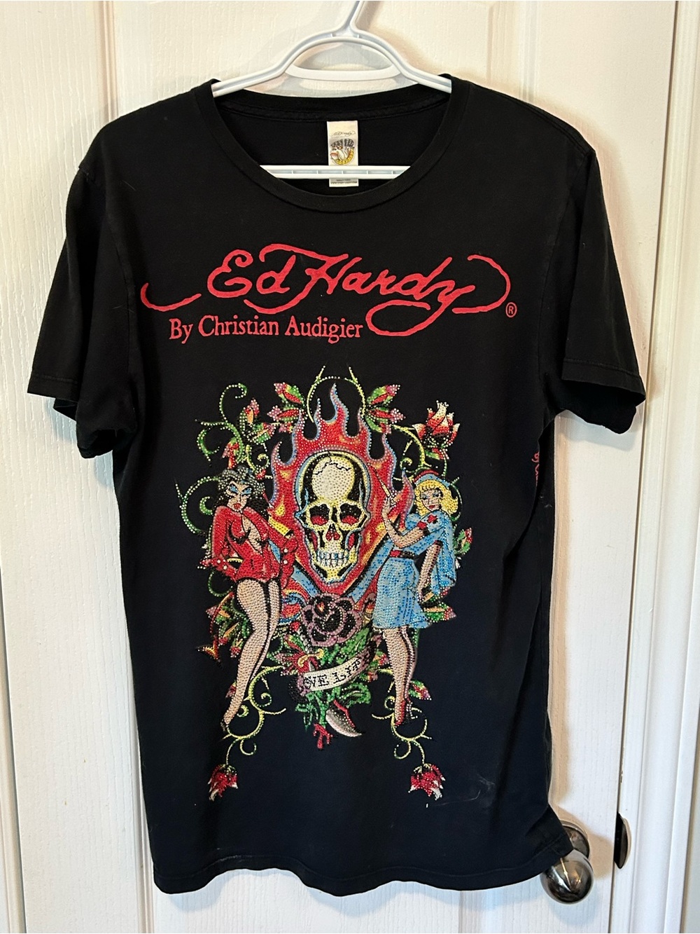 Christian Audigier Black Tee with Red Logo & Multicolor Skull Graphic